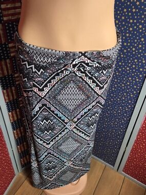 **Hot Kiss Black Maxi Skirt with Pink & Light Blue Geometric Print**